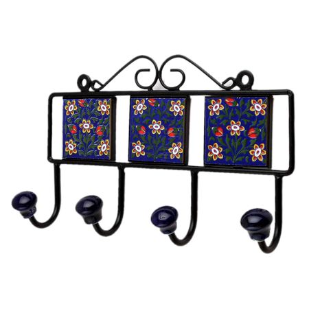 Blue Floral Ceramic Tiles Hooks-450 (Set Of Ine Piece)